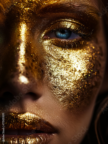 Creative Golden face makeup, closeup pose, Golden lips, the art of makeup style, 