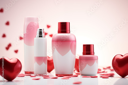Valentine s Day care and decorative cosmetics mockup. Lipstick  cream  balm  perfume