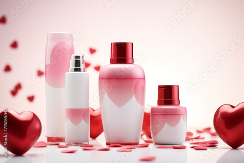 Valentine's Day care and decorative cosmetics mockup. Lipstick, cream, balm, perfume