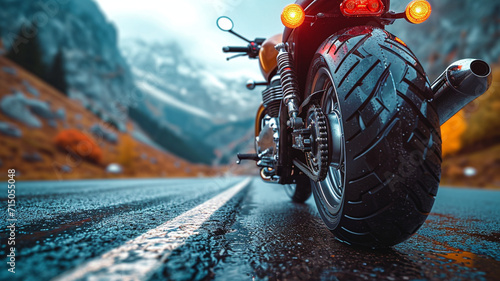 Generative Ai Art High Res Rendering of a fat tire MotorBike on Rainy Mountain road photo