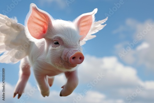 Little pink piggy with white feather angelic wings flying in blue sky, in full length.