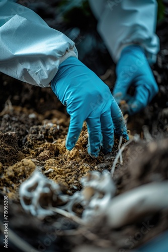 A person wearing blue gloves is seen picking dirt. This image can be used to depict gardening, soil analysis, or environmental studies
