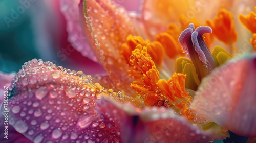 A detailed close-up of a flower with glistening water droplets. This image captures the beauty and freshness of nature.