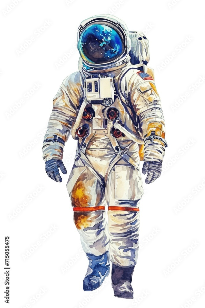 A vibrant watercolor painting of an astronaut wearing a spacesuit. Perfect for space-themed projects and designs