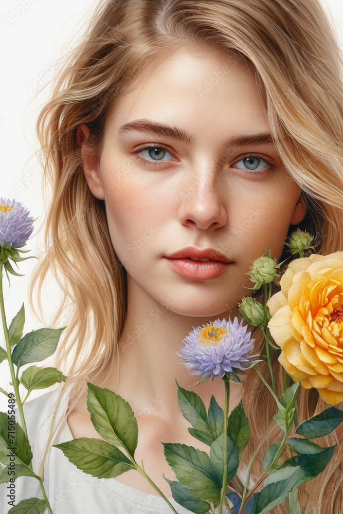 Beautiful woman with long hair.Portrait of a woman with flowers. Spring woman portrait Beautiful woman with long hair.Portrait of a woman with flowers. Spring woman portrait