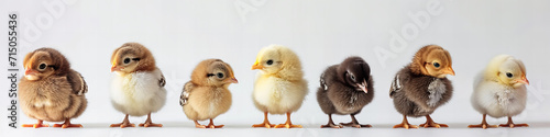 cute baby chicks standing in a row, isolated on white photo