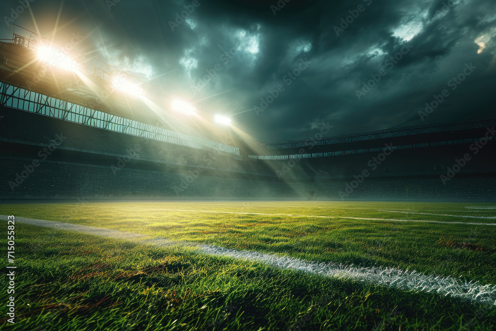 Football stadium arena for match with spotlight. Soccer sport background, green grass field for competition champion match. Football stadium arena for match with spotlight. Soccer sport background, green grass field for competition champion match.