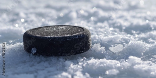 A hockey puck resting on a snowy surface. Suitable for winter sports themes and outdoor activities