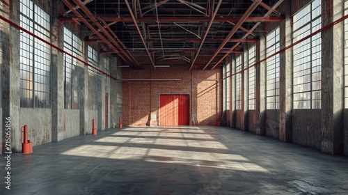 Industrial loft style empty old warehouse interior brick wall concrete floor and black steel roof structure