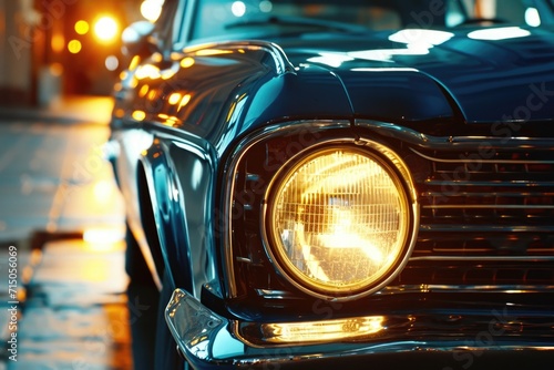 A close up view of a car's headlight on a city street. Suitable for automotive, transportation, and urban themes