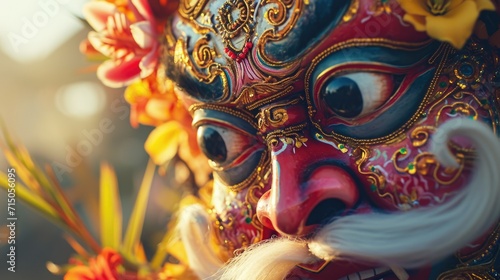 A close up view of a mask with a flower in its mouth. This image can be used for various purposes © Fotograf