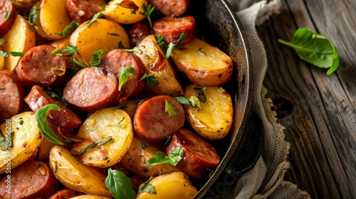 Pan Filled With Cooked Sausage and Potatoes, A Hearty and Delicious Meal