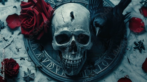 A skull and a bird sitting on a plate. Can be used for Halloween decorations or as a symbol of death and rebirth
