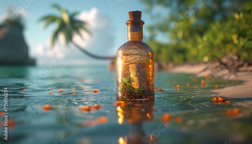 bottle with rolled up letter in it floating in water, generative ai