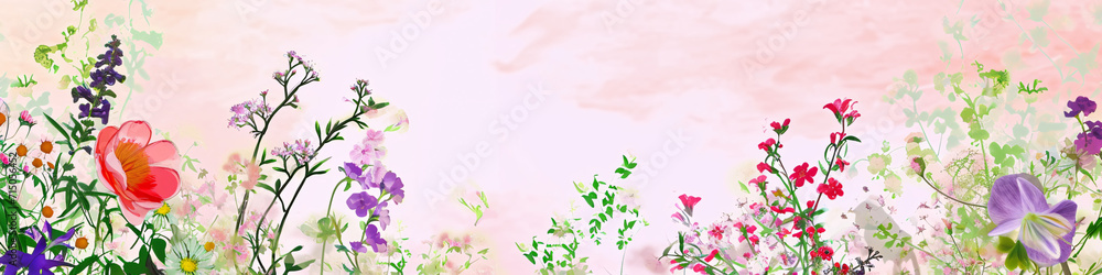 Panoramic floral border with diverse wildflowers and plants. Watercolor template for spring event banners and headers
