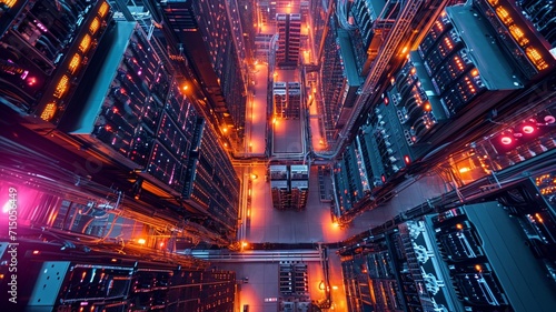 bird's-eye view, array of secure servers in a data center, top view in room, industrial area, evening, LED lights, secure, Drone Camera, generative ai. photo