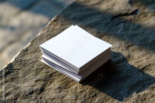 A stack of paper sitting on top of a rock. This image can be used to represent organization, stability, or a contrast between nature and man-made objects