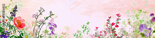 Panoramic floral border with diverse wildflowers and plants. Watercolor template for spring event banners and headers © Alexey