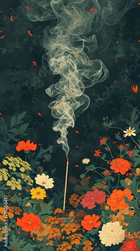 Painting Depicting Smoke Rising From Pipe in Field of Flowers