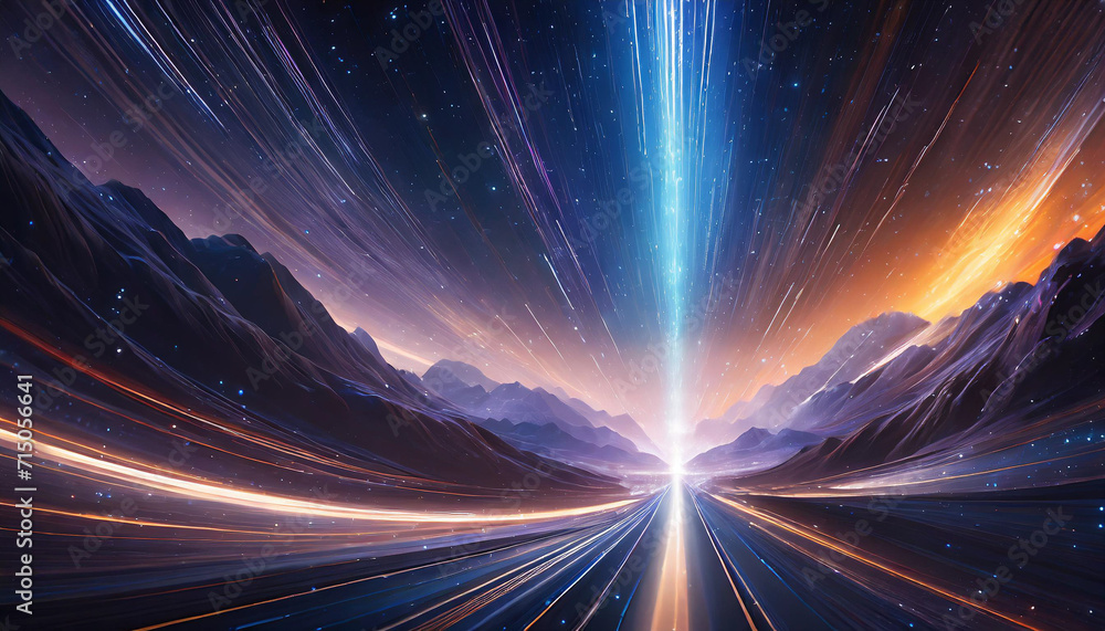 Obraz premium Futuristic light speed concept with vibrant hues, abstract lines, and cosmic patterns in a mesmerizing space warp backdrop