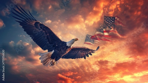 A majestic bald eagle soaring through the sky with the American flag in the background. Perfect for patriotic and national pride themes photo