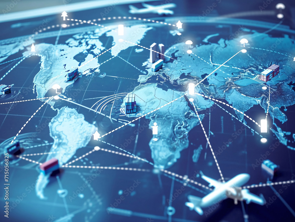 International logistics network with cargo ships and flight paths on a world map. Global trade and transportation concept.
International logistics network with cargo ships and flight paths on a world map. Global trade and transportation concept.