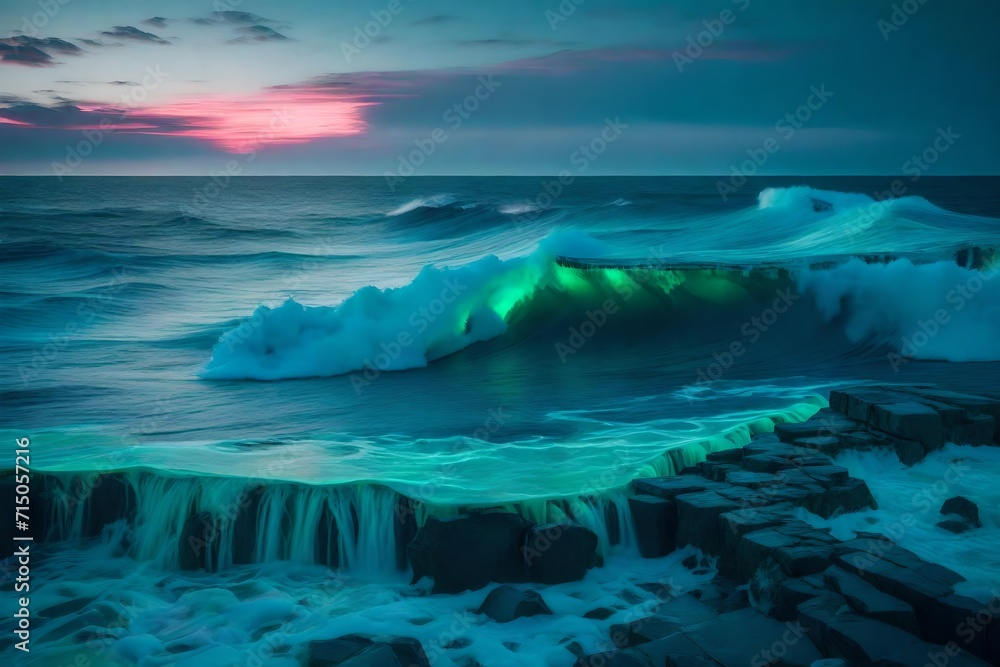 Naklejka premium Neon-hued waves forming a surreal aurora over a pixelated ocean