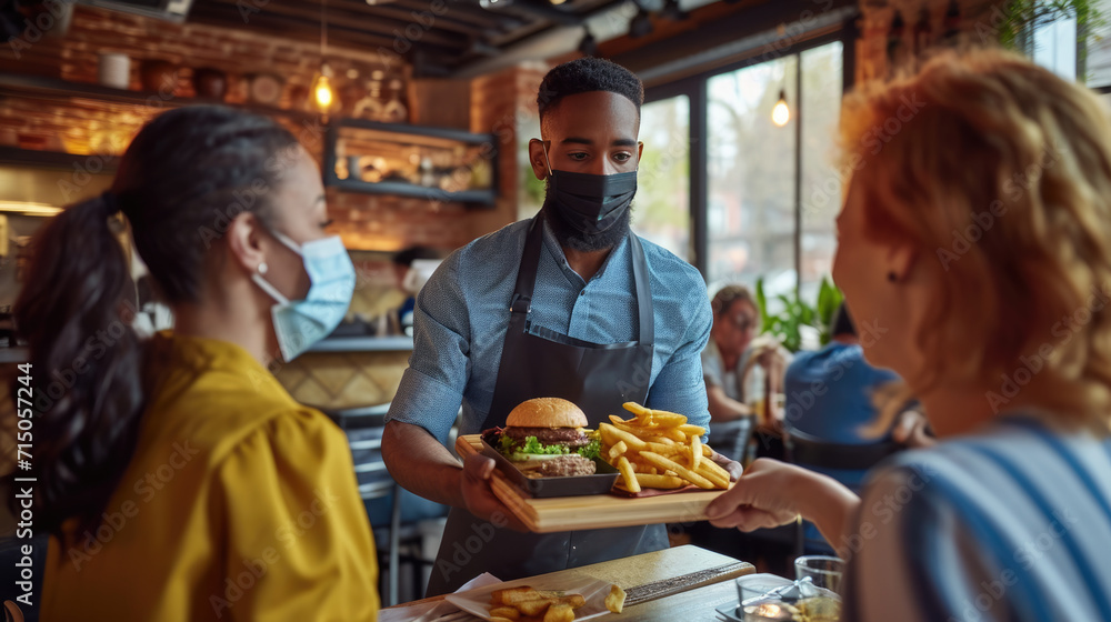 Waiter wearing a protective face mask is serving a burger and fries to two customers at a restaurant.