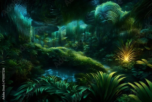 Dynamic waves of light converging in a virtual jungle at dusk