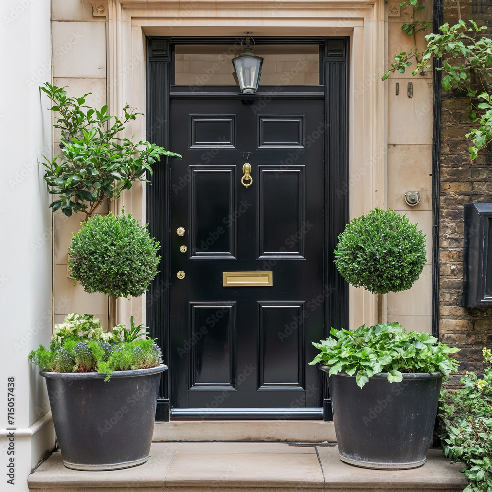 Fototapeta premium Black front door, front door of a house adorned with potted plants. Front door, black front door