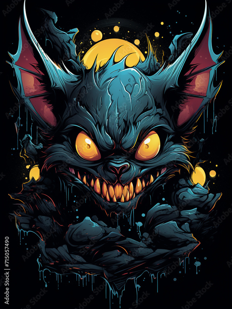 T-shirt design, Craft a fanged and hairy bat-like monster kid illustration using solid colors created with Generative Ai T-shirt design, Craft a fanged and hairy bat-like monster kid illustration using solid colors created with Generative Ai