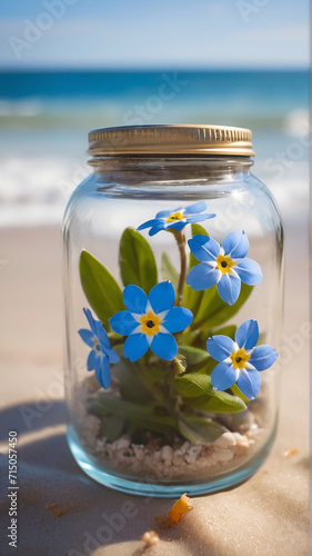 A Captivating Forget-Me-Not Jar Amidst Beach Serenity AI GENERATED