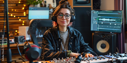 young female podcaster inside a modern recording studio
