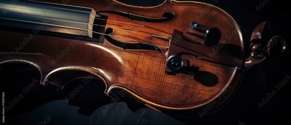 Fototapeta premium Close-Up of Violin on Black Background, Detailed Look at an Elegant Musical Instrument