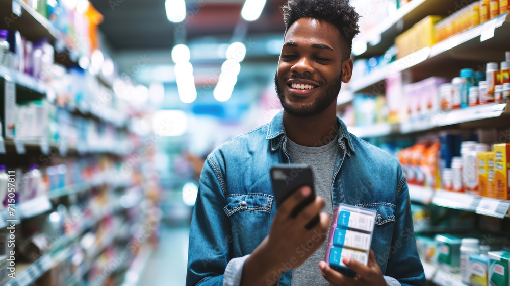 Young man holding a smartphone, standing in a pharmacy aisle Young man holding a smartphone, standing in a pharmacy aisle