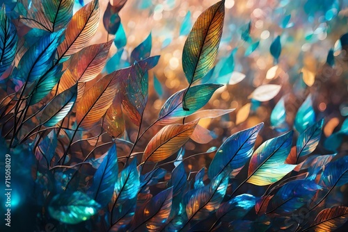 A close-up shot of holographic leaves fluttering in the breeze, forming a dynamic and enchanting abstract composition.