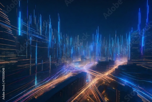 A 3D-rendered abstract cityscape with trails of light crisscrossing the sky, forming a dynamic and futuristic pattern. photo