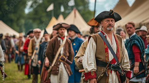 Group of reenactors in period costumes representing a 17th-century military formation, historical reenactment in a field camp setting 