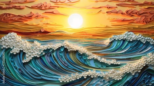 Sunrise over the sea in paper quilling art technique. photo