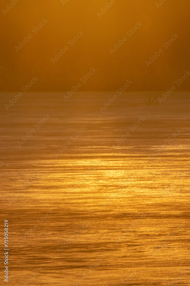 North-eastern European river after frosty winter. Ice began to melt, ice is saturated with meltwater. The morning sun colors the ice surface, a sunny path North-eastern European river after frosty winter. Ice began to melt, ice is saturated with meltwater. The morning sun colors the ice surface, a sunny path