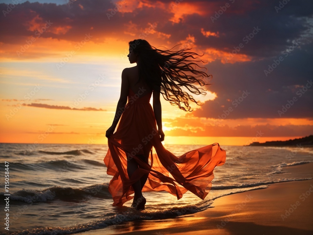 Sunset Silhouette: Embracing the Beauty of a Girl with Long Hair Against the Vibrant Backdrop of Coastal Twilight