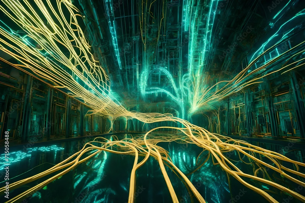 © Badar - A digital representation of circuitry merging with nature, as glowing vines intertwine to form a surreal, futuristic pattern.