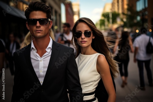 A chic young Scandinavian couple strolls through the city streets, exuding effortless style and sophistication in their fashionable attire and trendy eyewear.