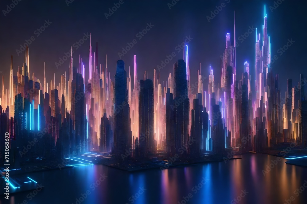 A 3D-rendered abstract cityscape with buildings made of cascading light, forming a visually stunning and futuristic pattern.