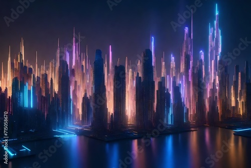 A 3D-rendered abstract cityscape with buildings made of cascading light, forming a visually stunning and futuristic pattern.