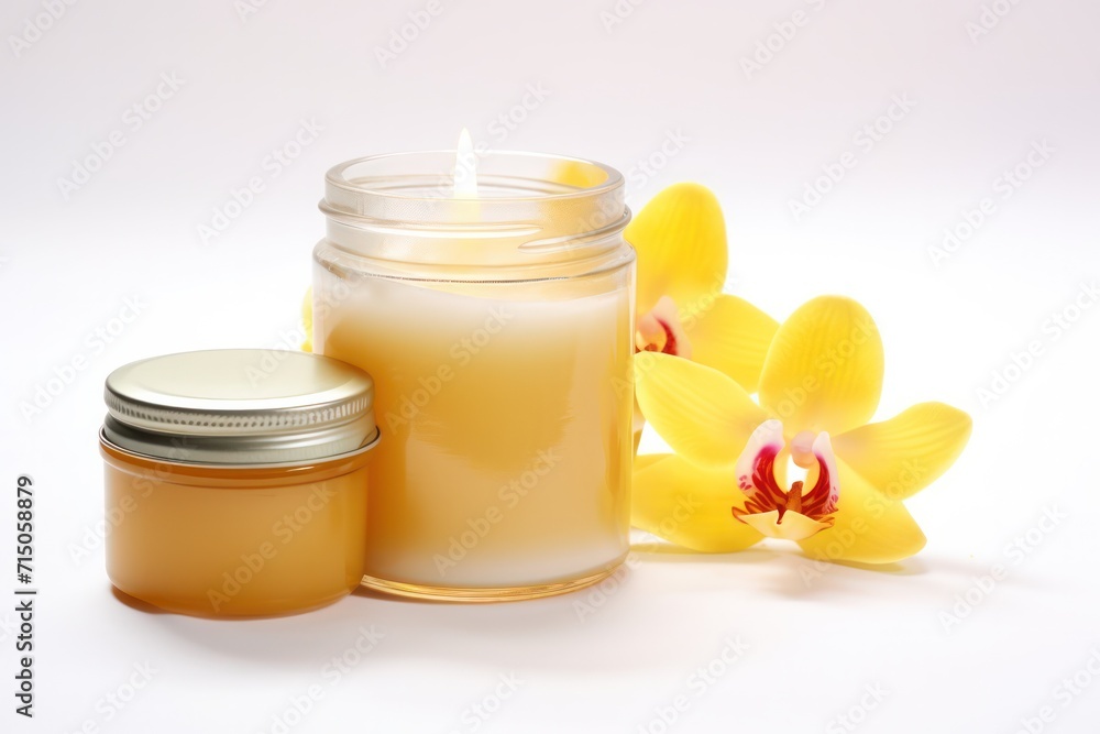 natural wax candle with orchid flower on minimal white background with copy space top. Spa, beauty salon, depilation, skincare banner. natural wax candle with orchid flower on minimal white background with copy space top. Spa, beauty salon, depilation, skincare banner.