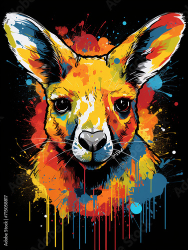 T-shirt design, Photo frame of adorable smiling Kangaroo with huge eyes, cinematic explosion of colors from the comic book art created with Generative Ai