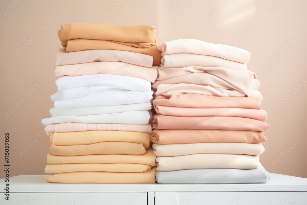 stack of pastel peach, white, beige clothes. decluttering and spring cleaning. Organizing wardrobe. Laundry, washing and ironing. stack of pastel peach, white, beige clothes. decluttering and spring cleaning. Organizing wardrobe. Laundry, washing and ironing.