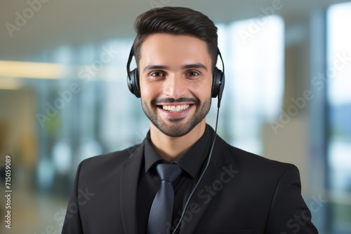 Dressed immaculately in black, a young man exudes professionalism and approachability, his engaging smile and focused gaze embodying a compelling presence within the office space.