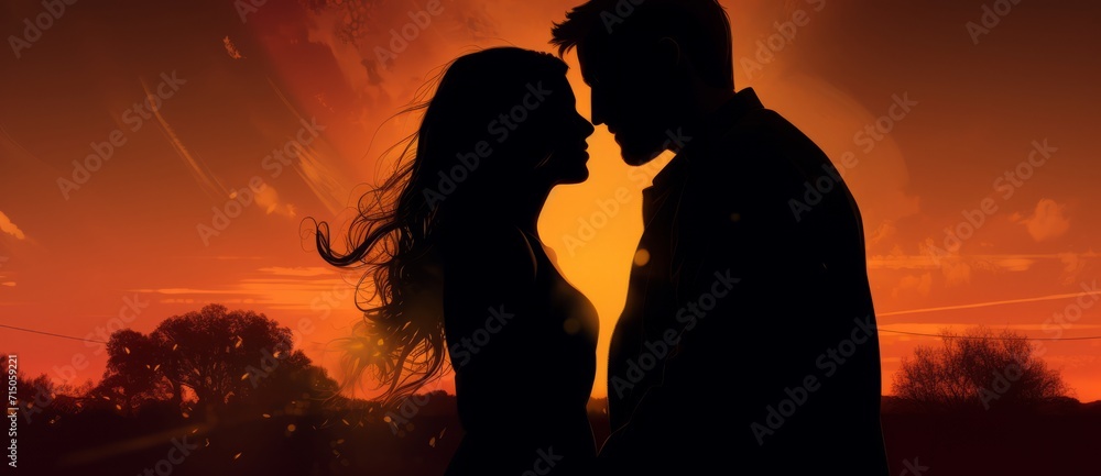 Romantic silhouette of young couple in love kissing on the background of the sunset.